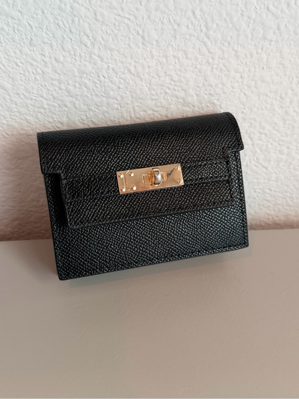 Black Textured Leather Mini Wallet with Gold Turn-Lock